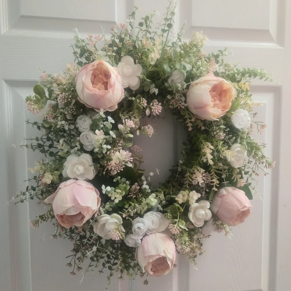 Handmade Cottage Style Elegant Pink and White Floral Wreath